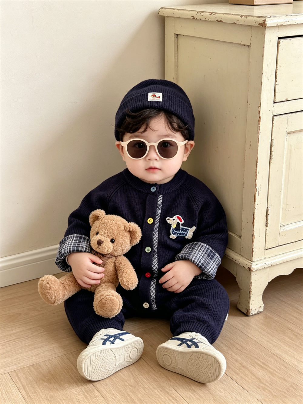Knitted Cotton Dog Pant Co-ord Set For Kids In Navy Blue, 2 Pieces Set With Hooded Design