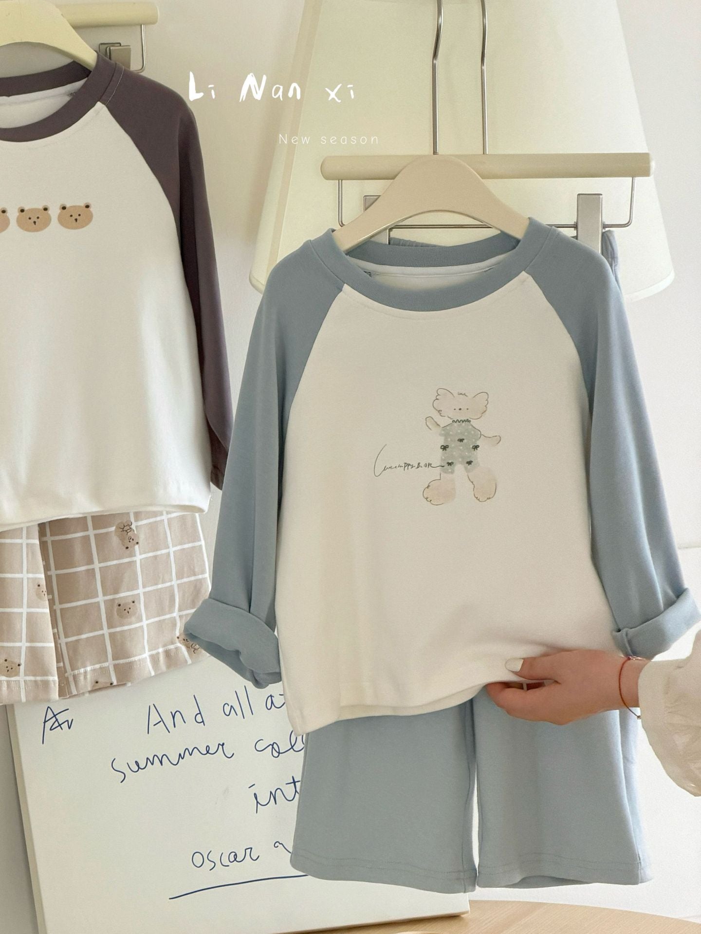 Children Unisex Autumn Animal Pattern Cotton Round Neck Long Sleeve Home Clothes Set In Blue
