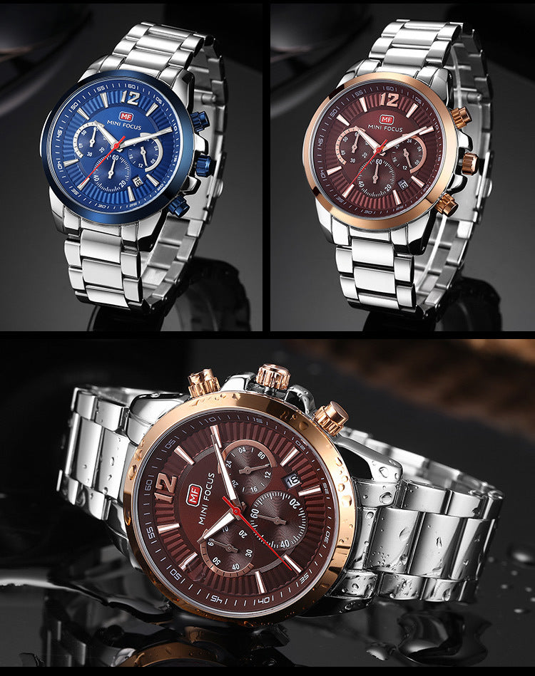 Men's Quartz Watch With Steel Belt Strap, Round Dial Featuring Tempered Glass Mirror And Pointer Display
