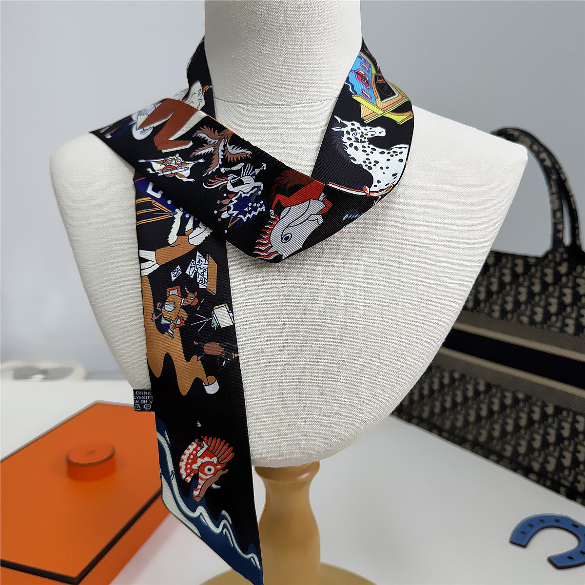 Silk Scarf Featuring Horse Pattern Made Of Polyester, Perfect For Spring