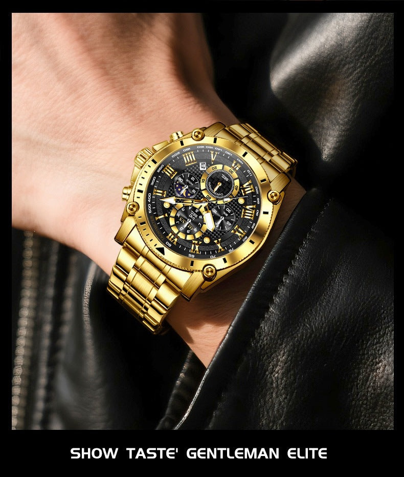 Men's Quartz Watch With Round Dial, Steel Belt Strap, Coated Glass Mirror, Pointer Display, And Butterfly Double Snap Buckle