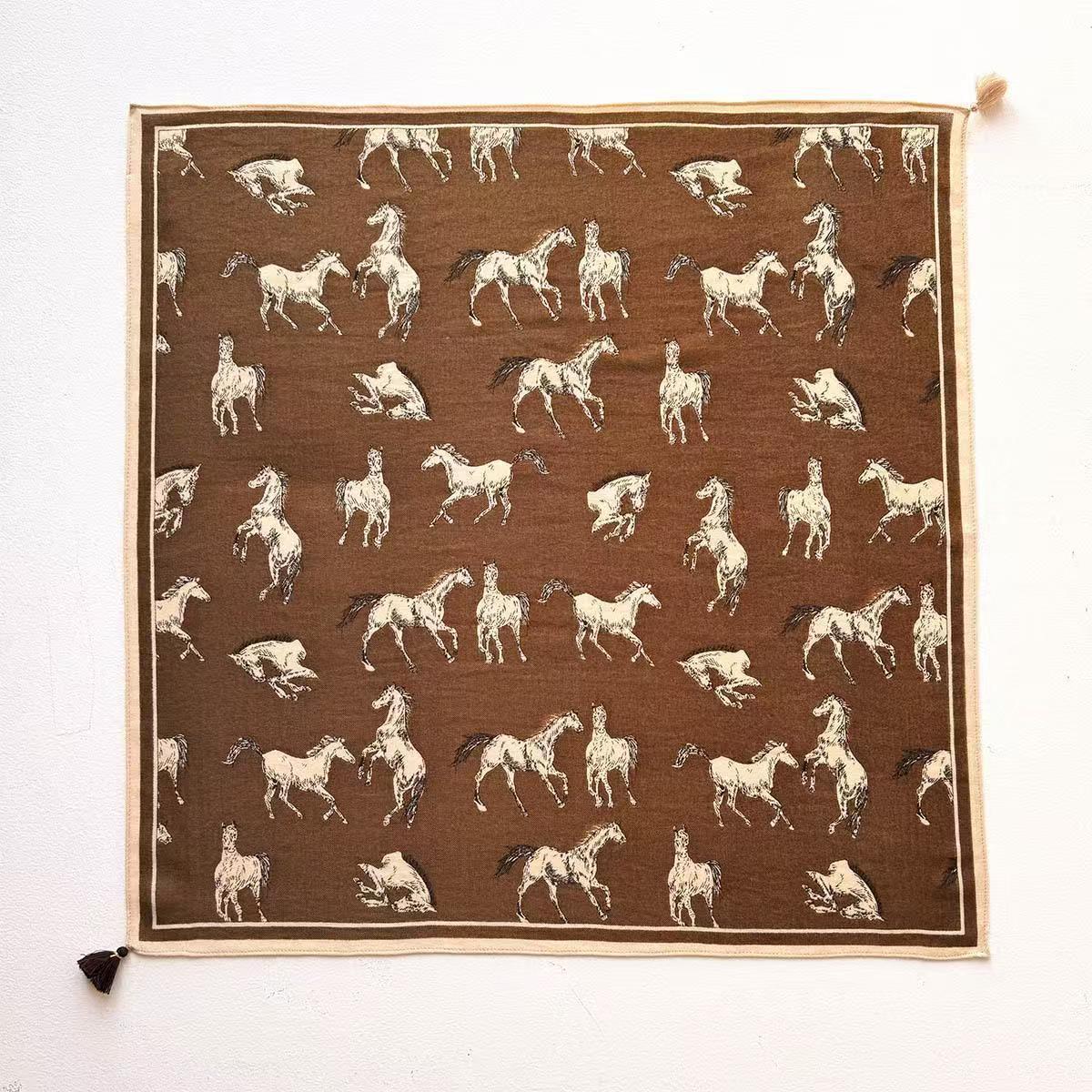 Women's Horse Pattern Bandana Scarf In Dyed Black Wool, Perfect For Spring