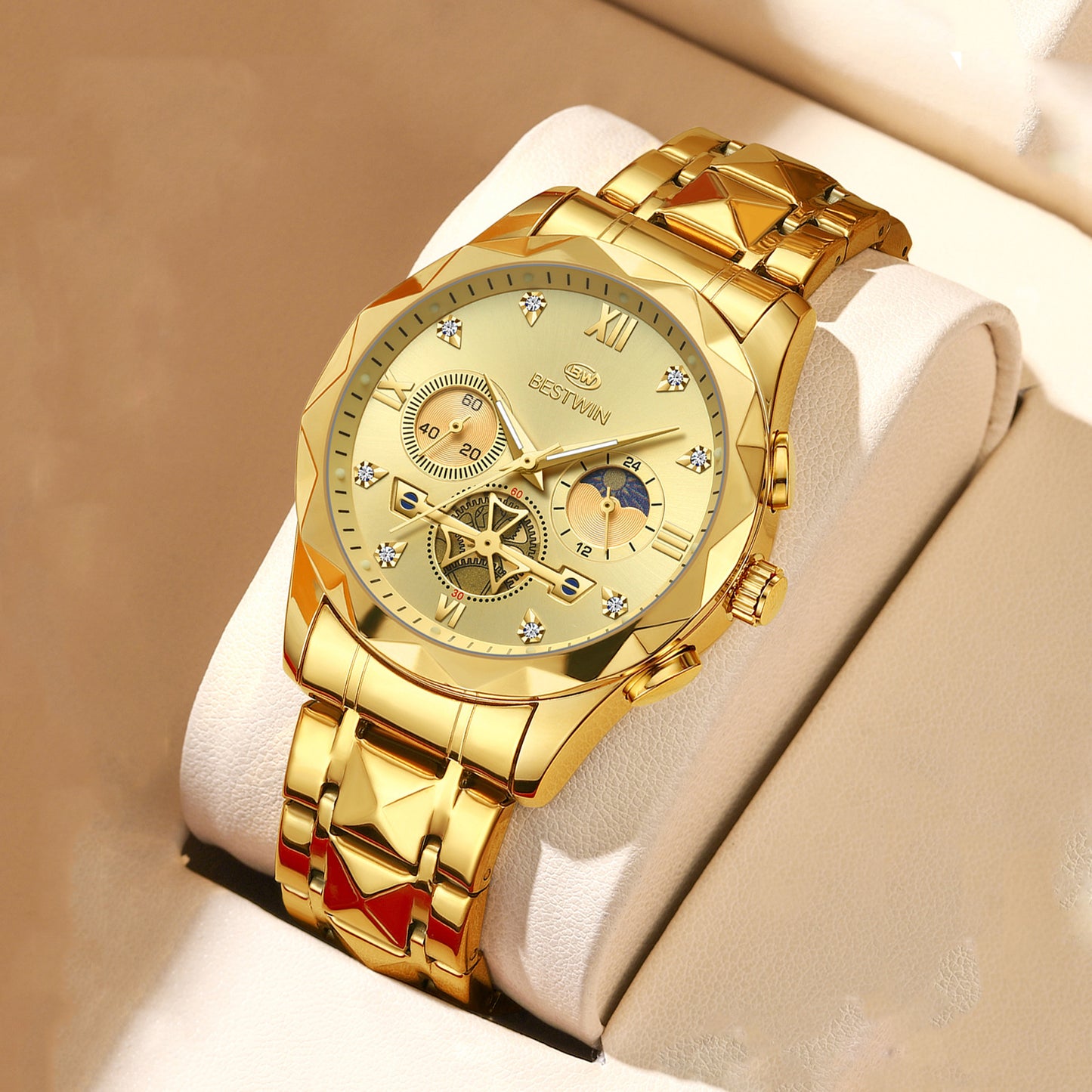 Men's Quartz Watch With Stainless Steel Strap And Butterfly Double Snap Buckle, Round Dial Featuring Tempered Glass And Pointer Display