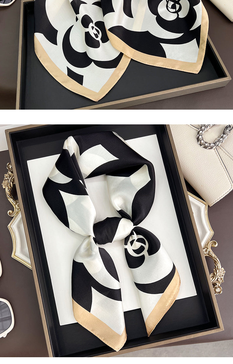 French Style Silk Scarf For Women Featuring Elegant Black & White Flowers, Perfect For Summer
