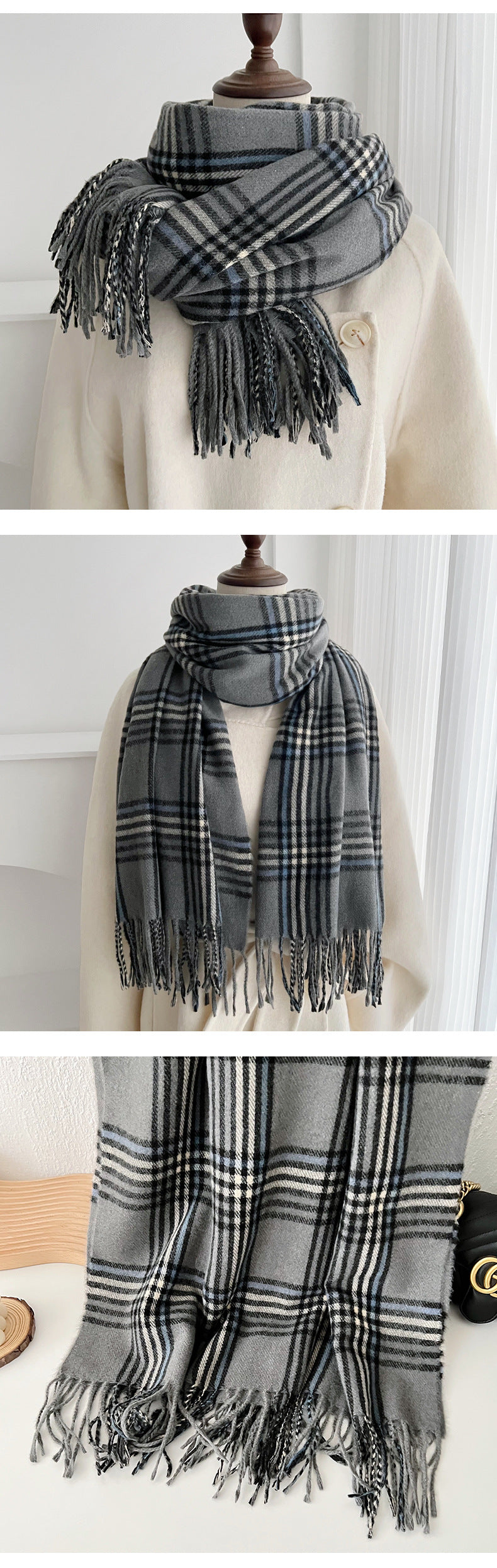 Plaid Scarf For Women In Imitation Cashmere, Beige Color, Perfect For Autumn Season