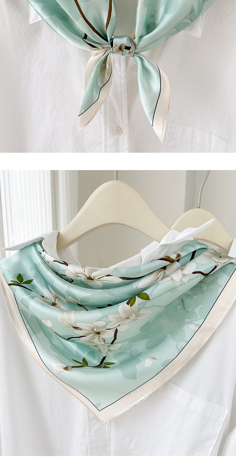 Casual Women’s Silk Scarf With Flowers Pattern In Green, Perfect For Spring