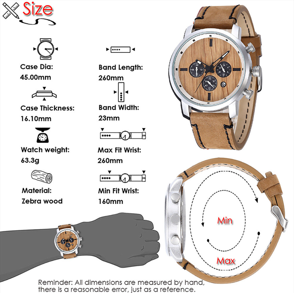 Men's Quartz Watch With Wooden Strap, Round Dial Featuring Tempered Glass And Pointer Display, Pin Buckle