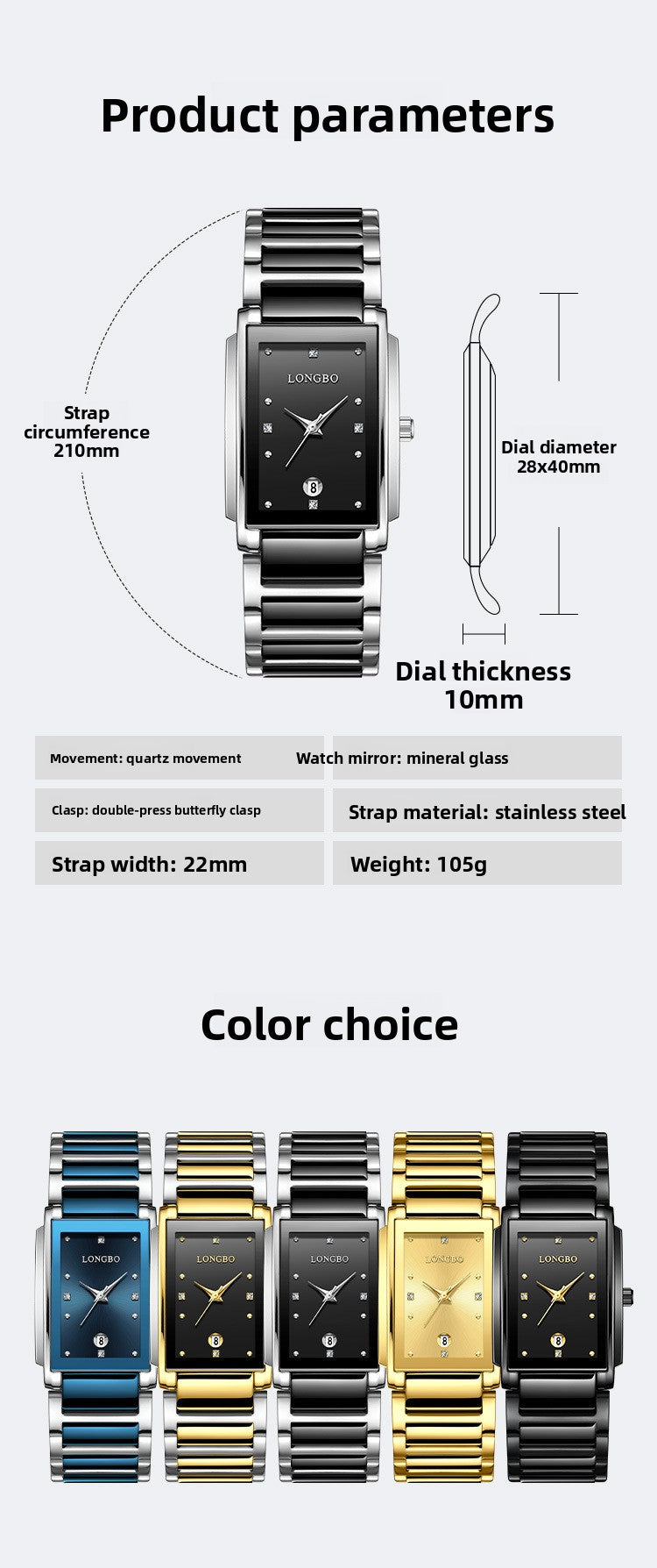 Men's Quartz Watch With Stainless Steel Strap And Rectangle Dial Featuring Tempered Glass Mirror And Butterfly Double Snap Buckle