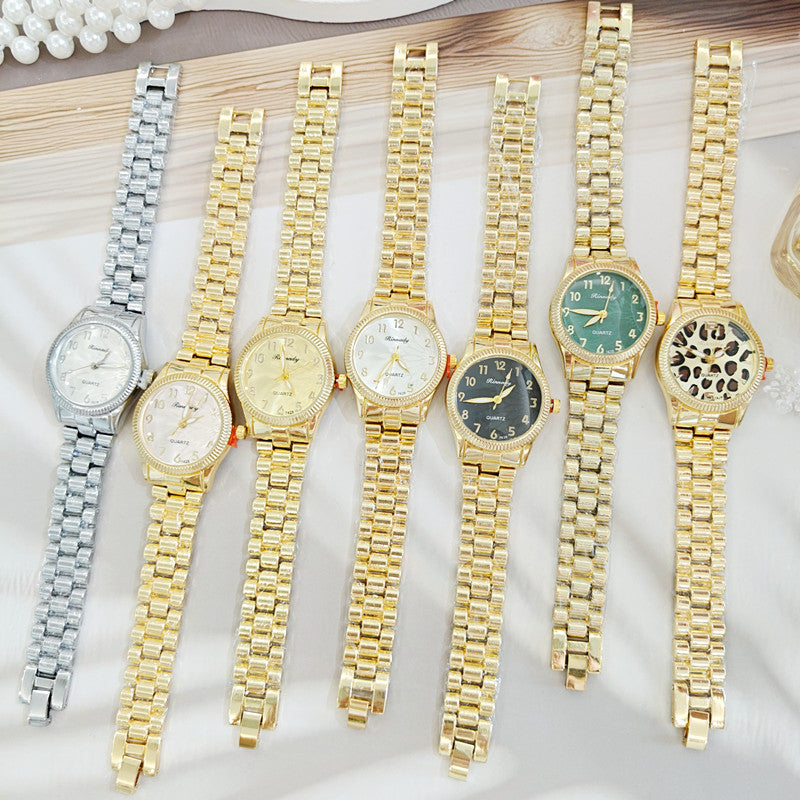 Women's Quartz Watch With Round Dial, Alloy Strap, Single Folding Buckle, And Ordinary Glass Mirror