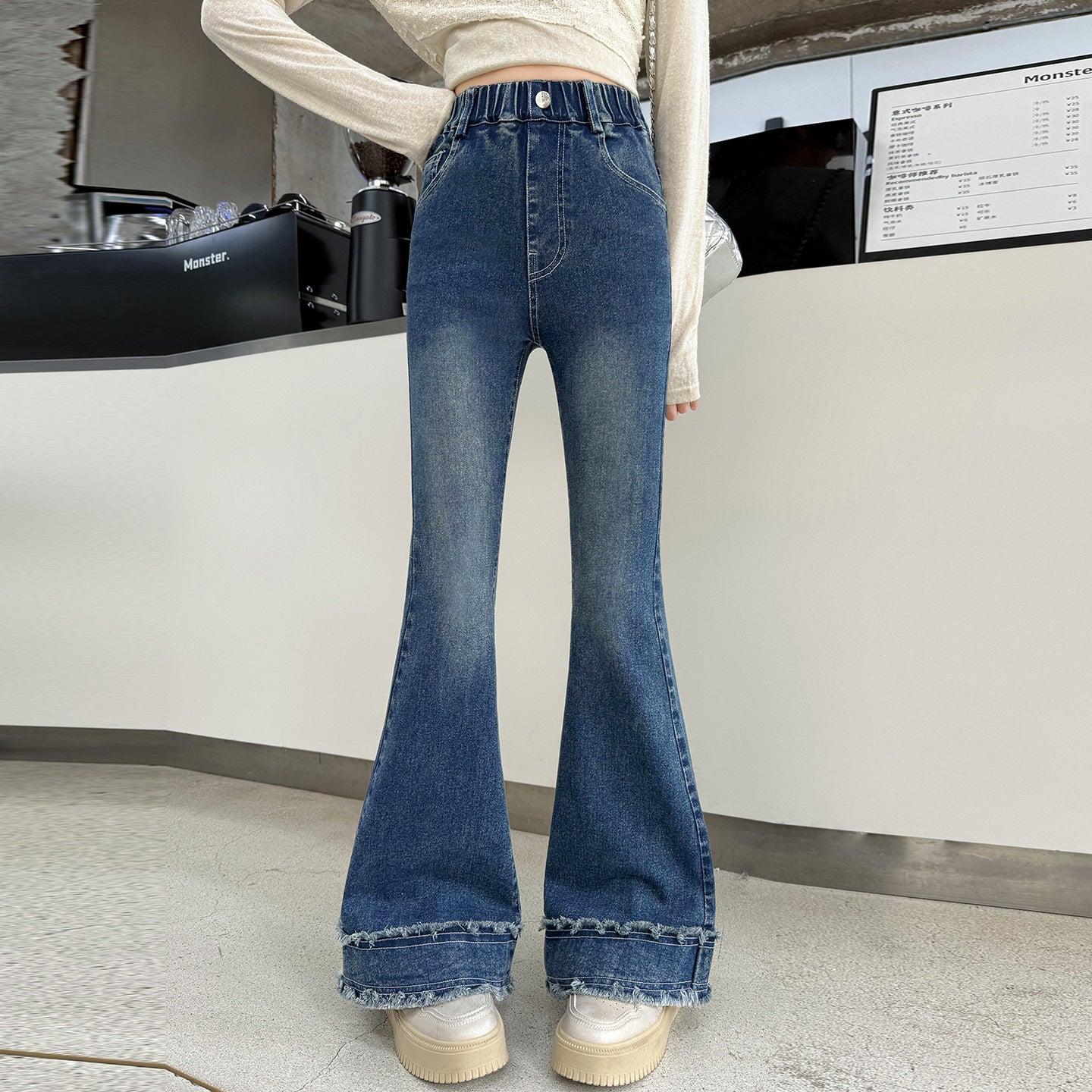 Solid Color Polyester Flared Pants For Girls In Dyed Black With Stretchy Full Length Design