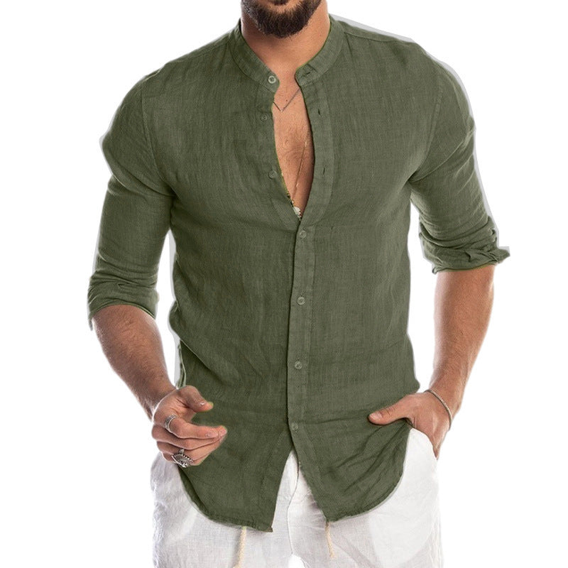 Solid Color Long Sleeve Streetwear Shirt For Men In Polyester With Standing Collar And Placket