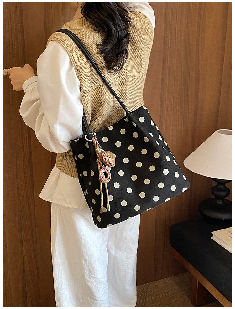 Women’s Polka Dots PU Leather Bucket Bag With Sewing Thread Detail, Single Shoulder Strap