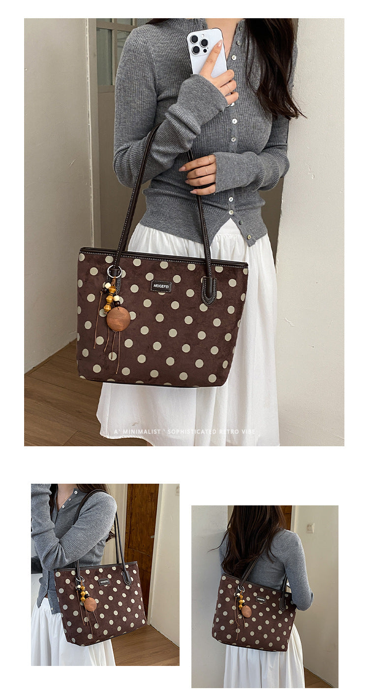 Women’s Polka Dots Square Tote Bag In PU Leather Featuring Sewing Thread Detail, Perfect For Autumn