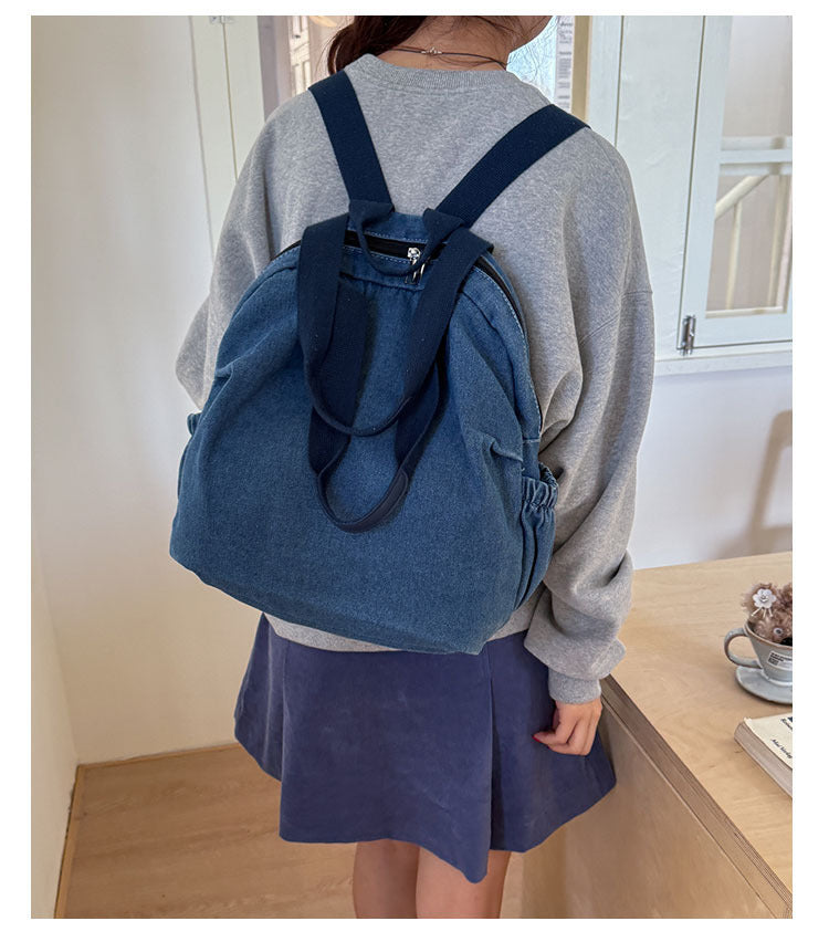 Women’s Denim Splicing Backpack With Sewing Thread Detail, Wear-Resistant Design For Autumn