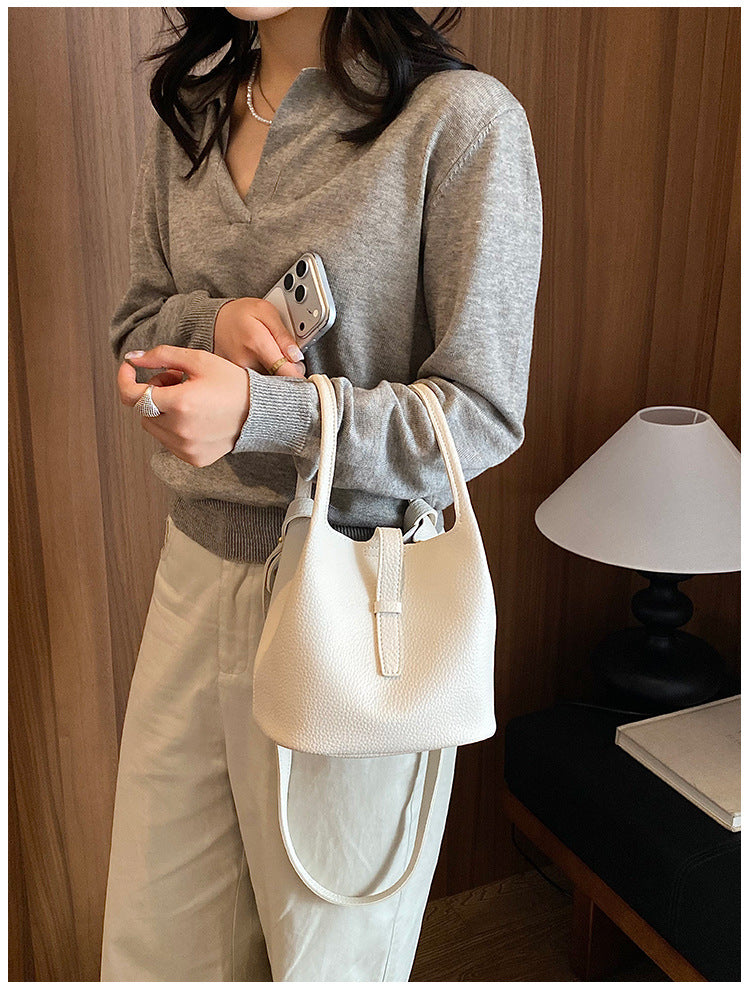 Women’s PU Leather Splicing Bucket Crossbody Bag With Sewing Thread Detail, Perfect For Autumn