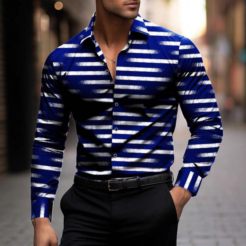 Casual Stripe Long Sleeve Men's Shirt In 4-Way Stretch Fabric With 3D Print And Placket