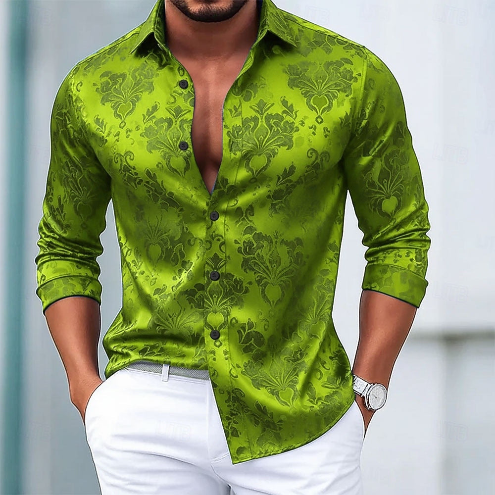 Ditsy Floral Vintage Style Men's Shirt With Long Sleeve And Jacquard Polyester Fabric Featuring Lapel Collar
