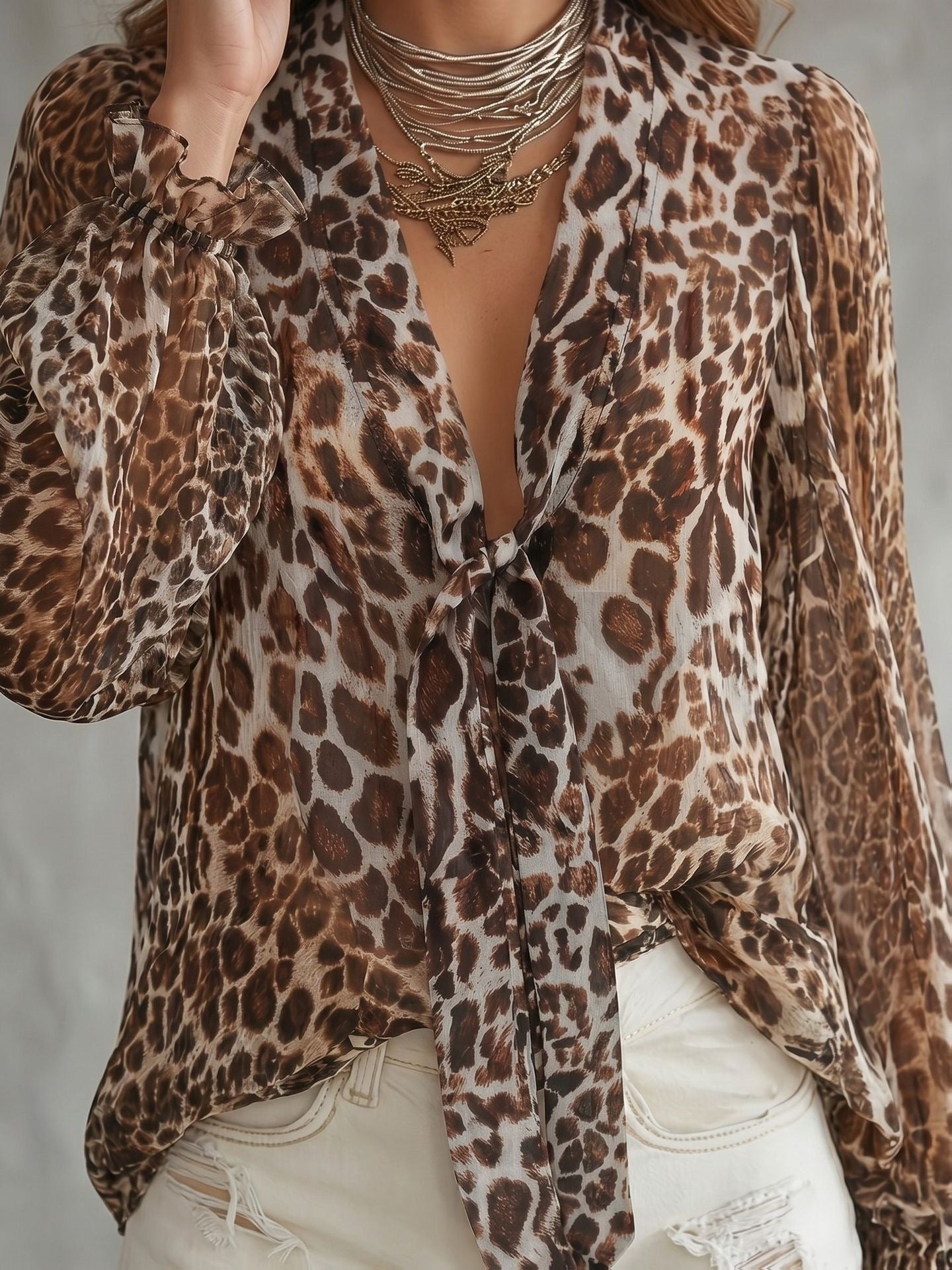Leopard Print Blouse For Women In Chiffon Fabric With V Neck And Regular Sleeves, Featuring Sexy Style And Printing Craft