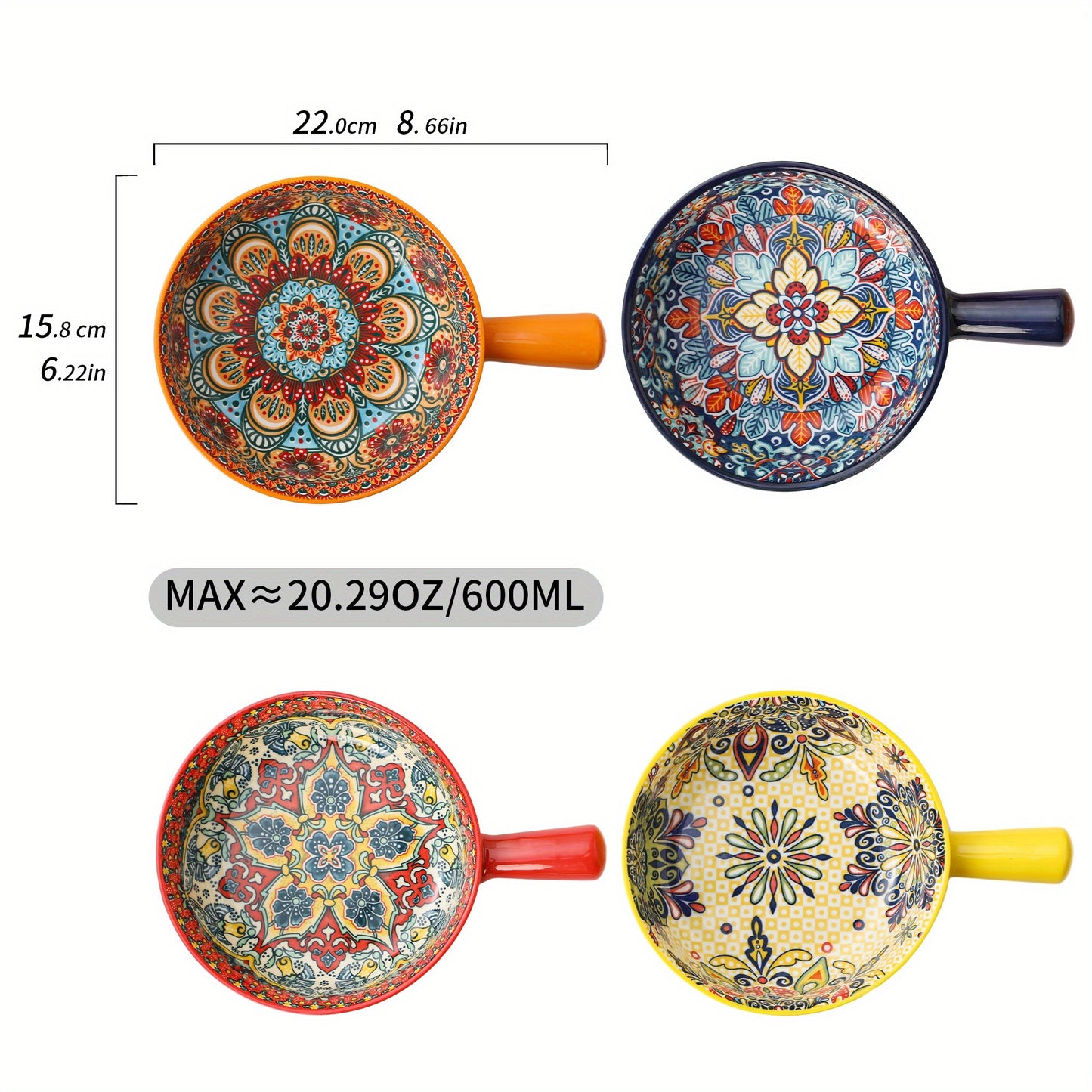 NTKOW 1 Set Of 4pcs The Underglaze Bohemian Carved-handle Bowl Blends Beauty And Practicality. Its Unique Underglaze Craft Ensures Lasting Bright Hues And Safety. The Smooth Carved Handle, Adding Art, Is Easy to Hold for Home