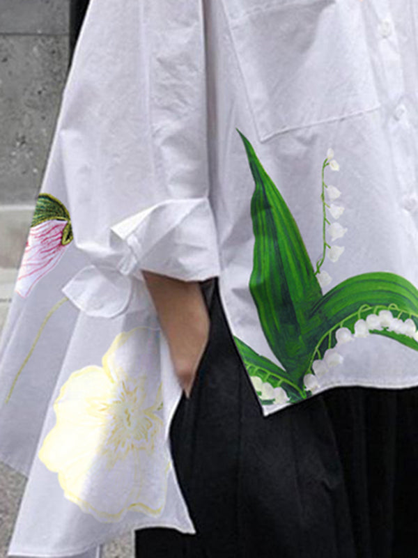 High-Low Loose Asymmetric Floral Printed Split-Joint Split-Side Lapel Blouses