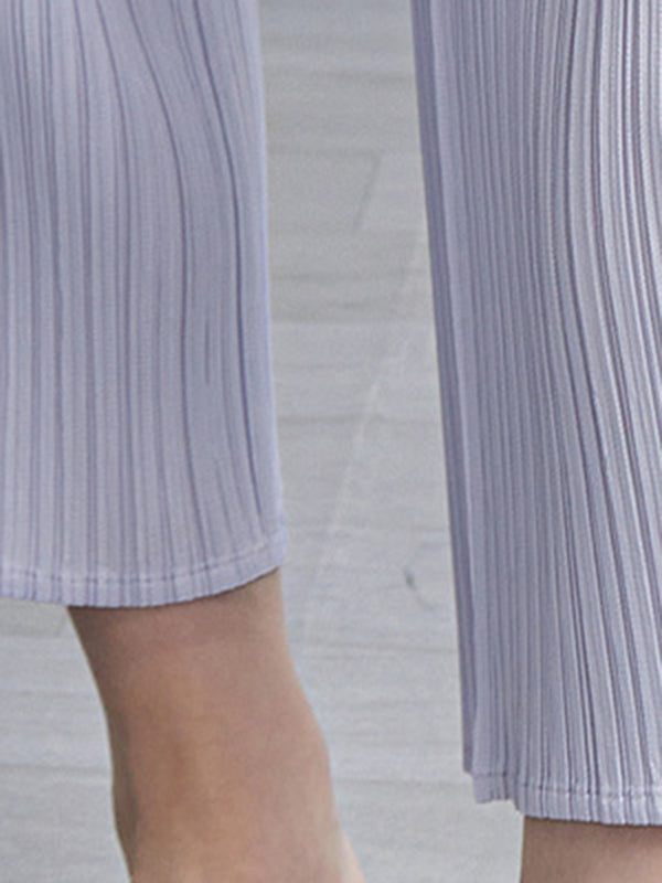 Loose Pleated Solid Color High-Low Round-Neck T-Shirts + Pants Two Pieces Set