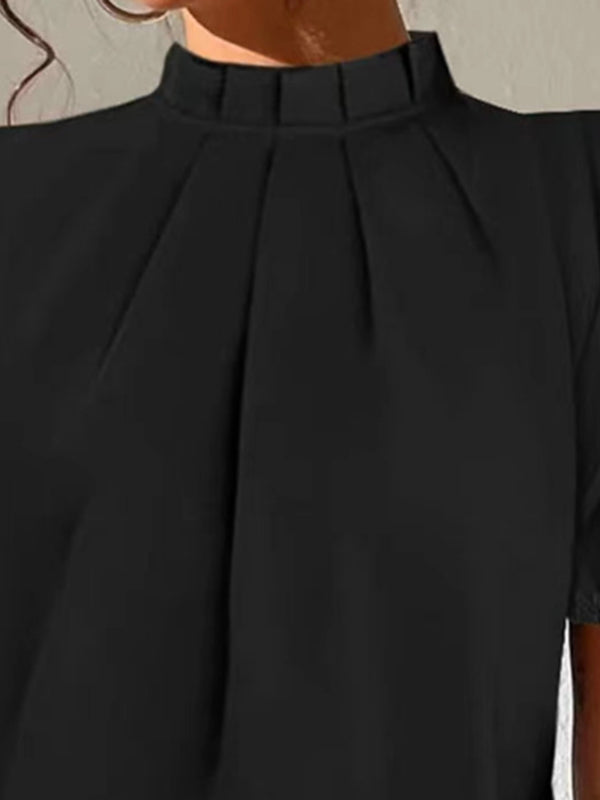 Loose Short Sleeves Hollow Pleated Solid Color Split-Joint Stand Collar Blouses