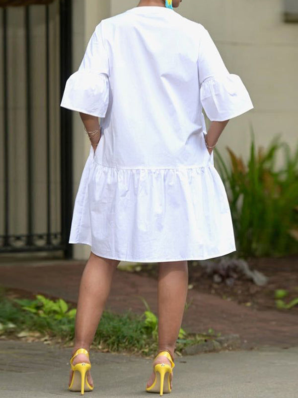 Loose Three-Quarter Sleeves Asymmetric Buttoned Pleated Pockets Solid Color Split-Joint Round-Neck Midi Dresses