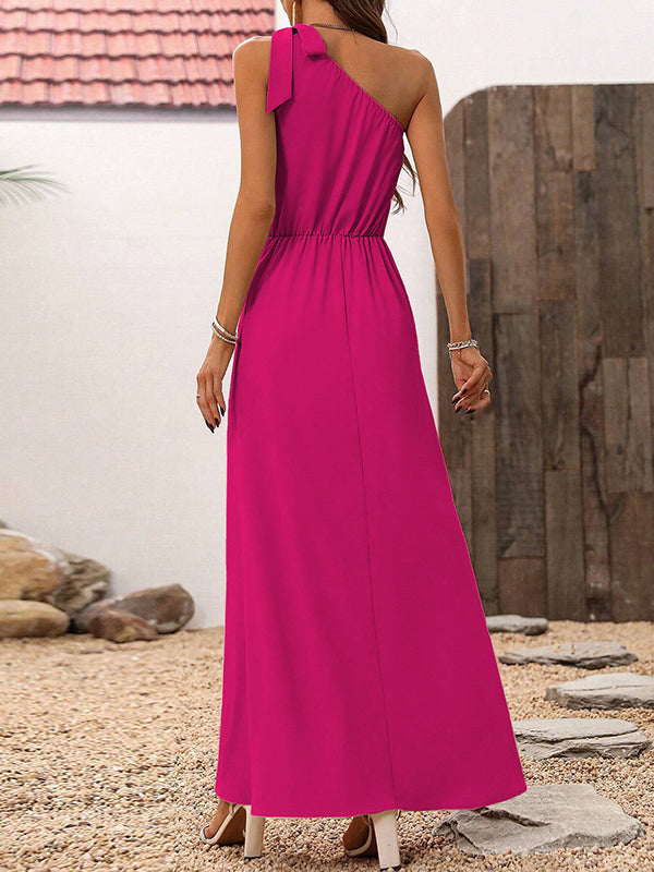 A-Line High Waisted Asymmetric Elasticity Pleated Solid Color Split-Side Tied One-Shoulder Maxi Dresses