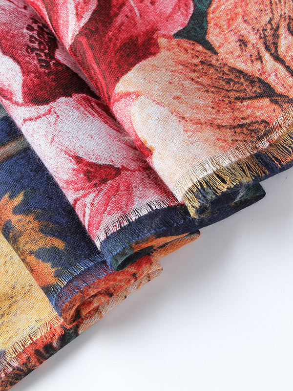 Floral Printed Fringed Shawl&Scarf