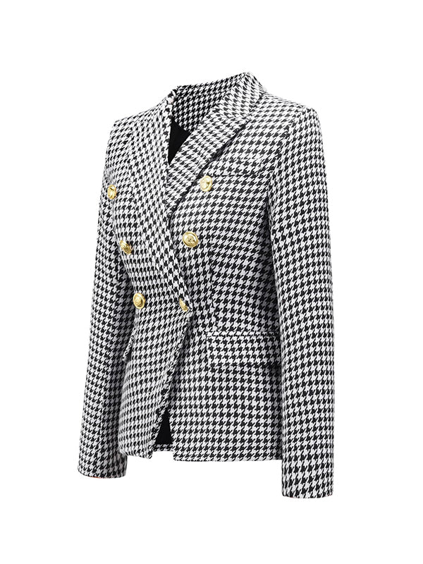 Long Sleeves Buttoned Houndstooth Notched Collar Blazer Outerwear