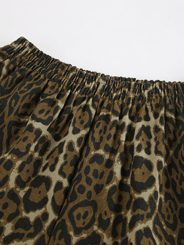 High Waisted Loose Elasticity Leopard Pockets Split-Joint Zipper Shorts Bottoms