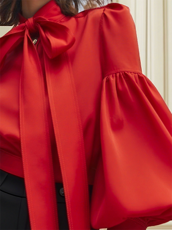 Puff Sleeves Bowknot Solid Color Stand Collar Blouses&Shirts Tops