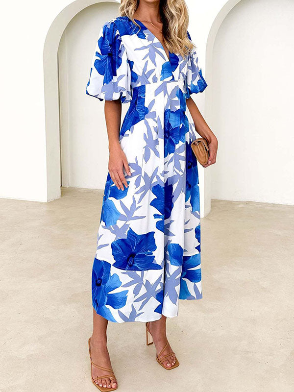 A-line High Waisted Flower Print Pleated Split-Joint Zipper V-neck Midi Dresses