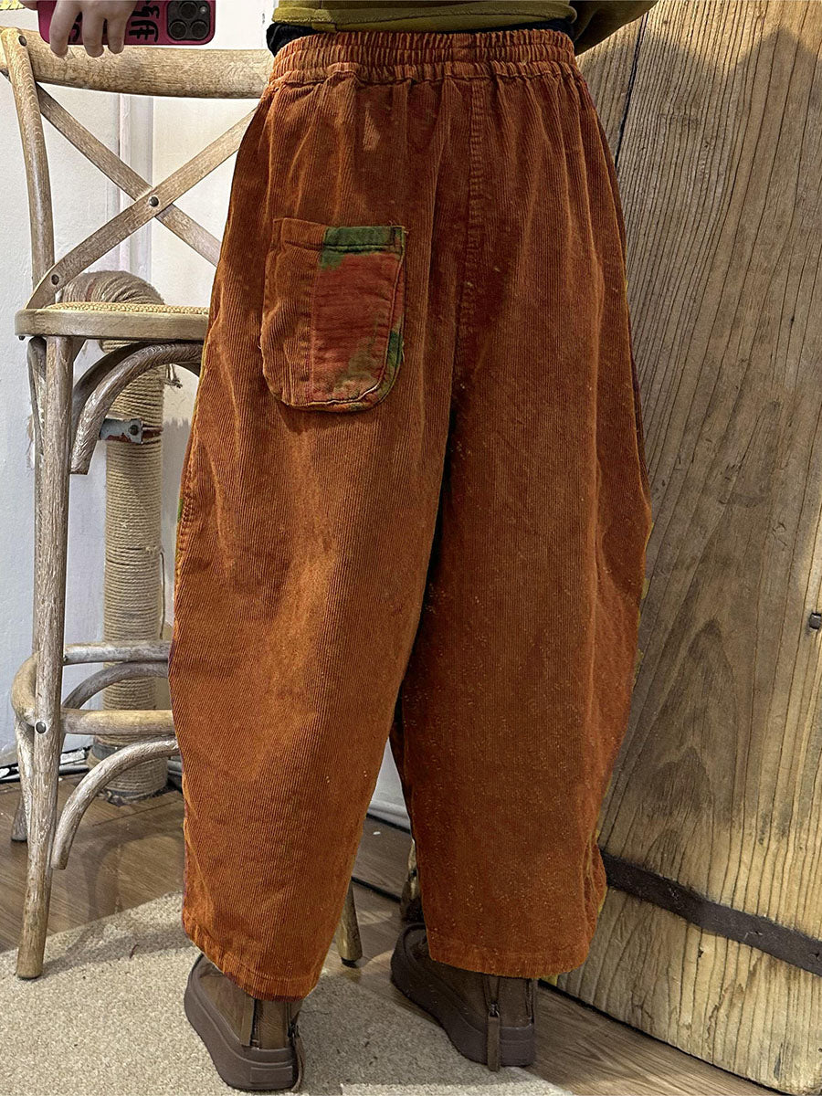 Plus Size Women Autumn 100%Cotton Flower Spliced Pants