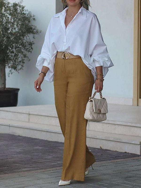 Loose Puff Sleeves Pleated Solid Color Split-Joint Lapel Blouses&Shirts Tops