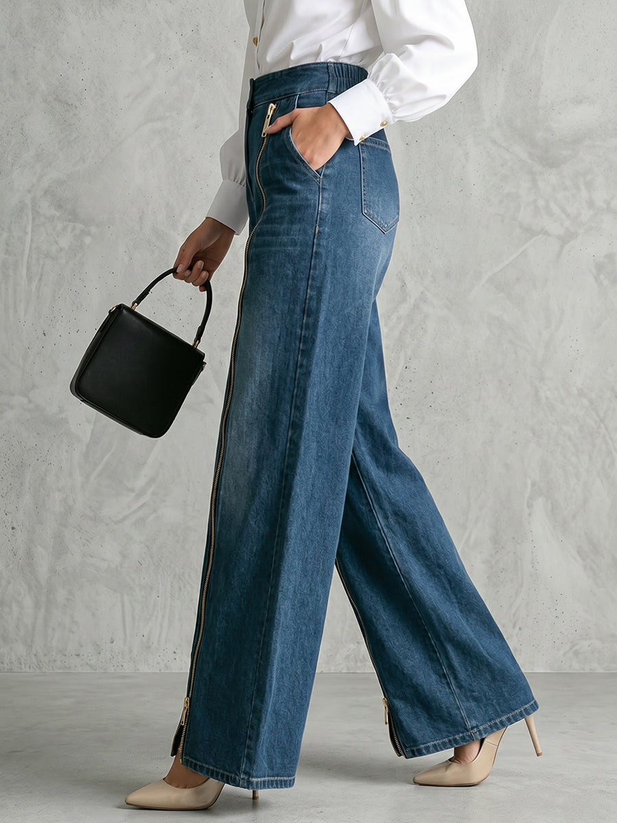 High Waisted Wide Leg Buttoned Pockets Zipper Jean Pants Bottoms
