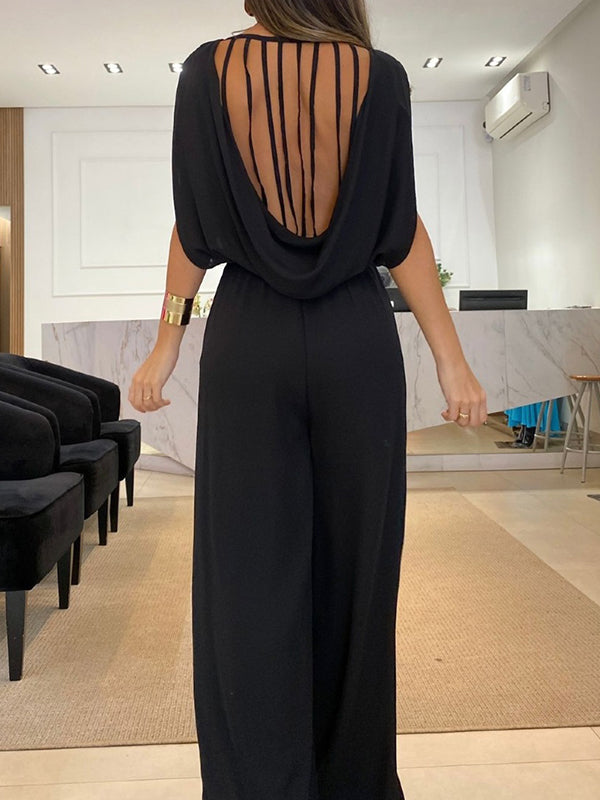 High-Low Wide Leg Backless Hollow Solid Color Round-Neck Jumpsuits Bottoms