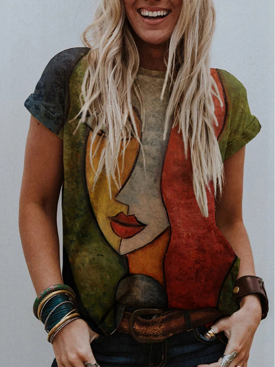 Loose Plus Size Contrast Color Printed Split-Joint Round-Neck T-Shirts Tops