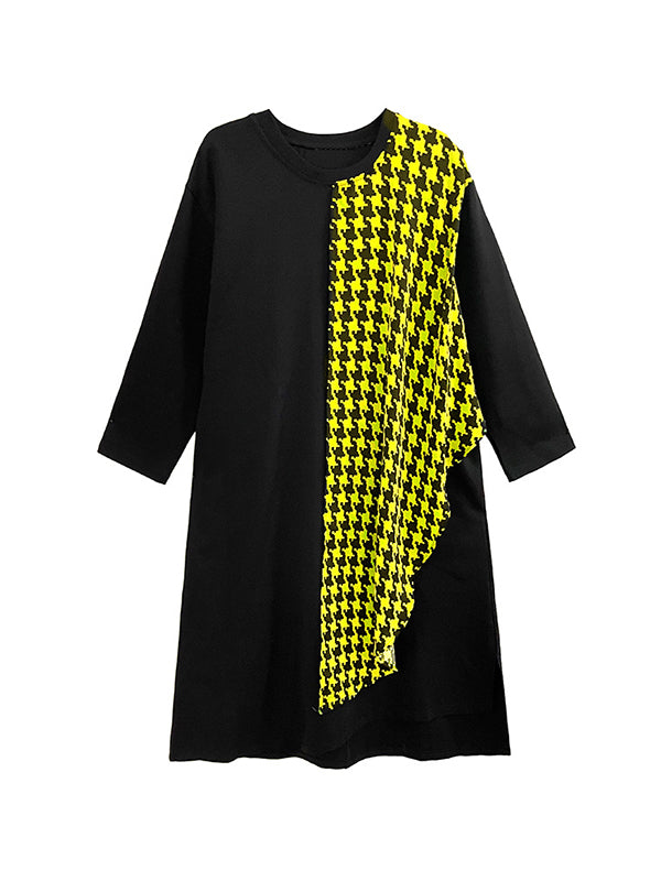 A-Line Long Sleeves Asymmetric Contrast Color Houndstooth Split-Joint Round-Neck Midi Dresses