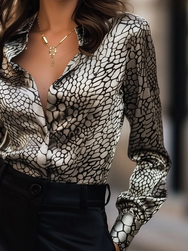Long Sleeves Loose Buttoned Contrast Color Snakeskin Printed Lapel Blouses&Shirts Tops