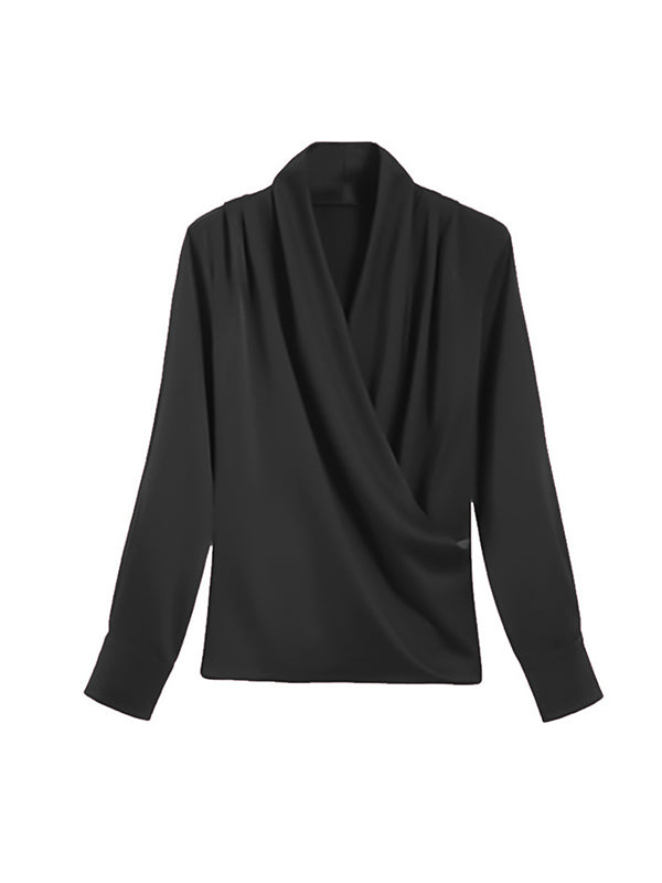 Long Sleeves Loose Buttoned Solid Color V-Neck Blouses&Shirts Tops