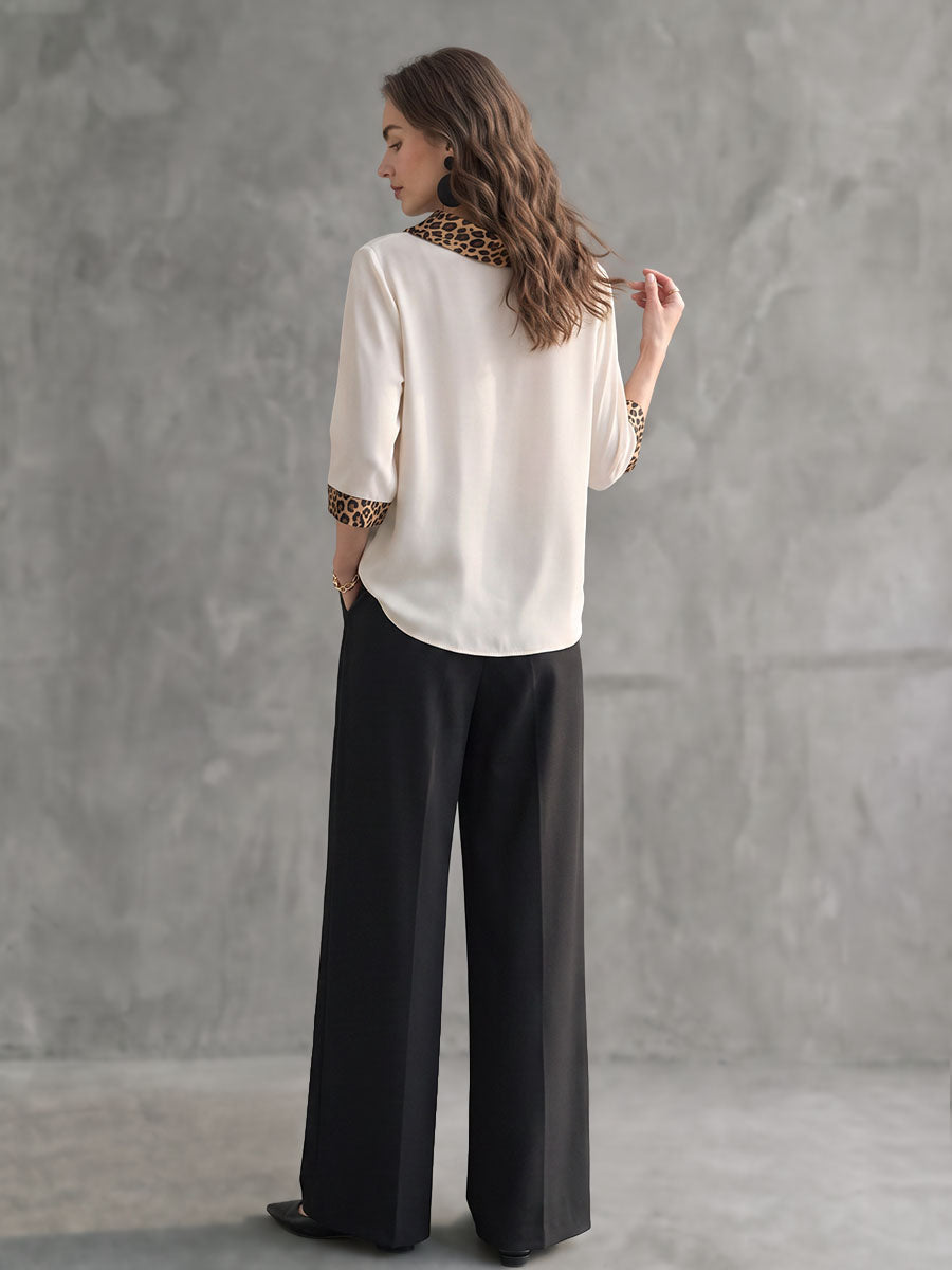 Split-Joint Leopard Contrast Color Three-quarter Sleeves Loose Heaps Collar Blouses&shirts Tops