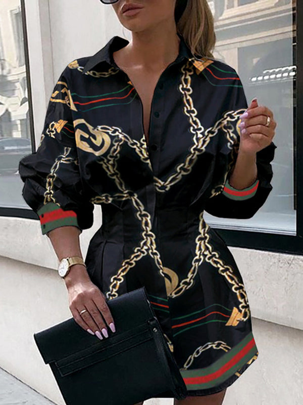 Long Sleeves Skinny Pleated Printed Split-Joint Lapel Mini Dresses Shirt Dress