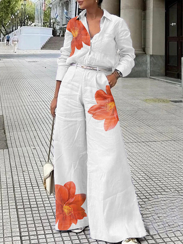 Long Sleeves Wide Leg Floral Printed Split-Joint Pants Trousers