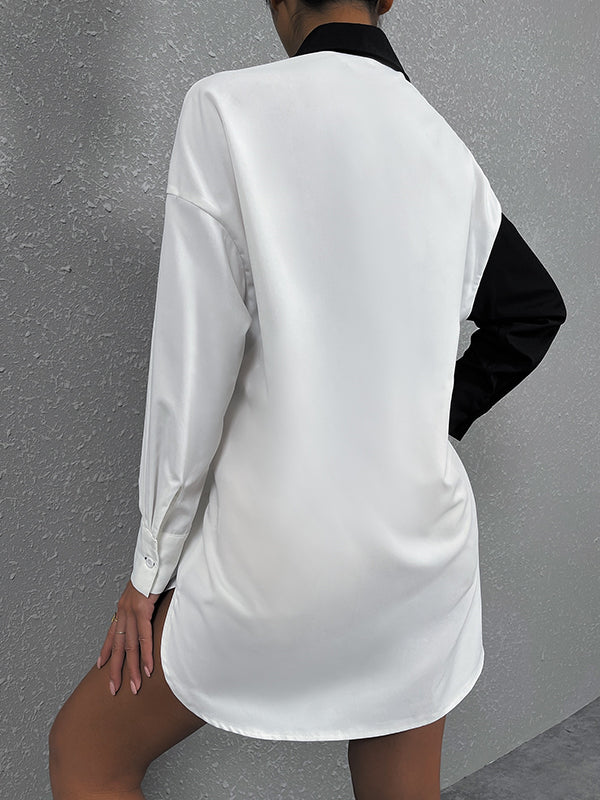 Long Sleeves Loose Asymmetric Contrast Color Split-Joint Split-Side Lapel Mini Dresses Shirt Dress