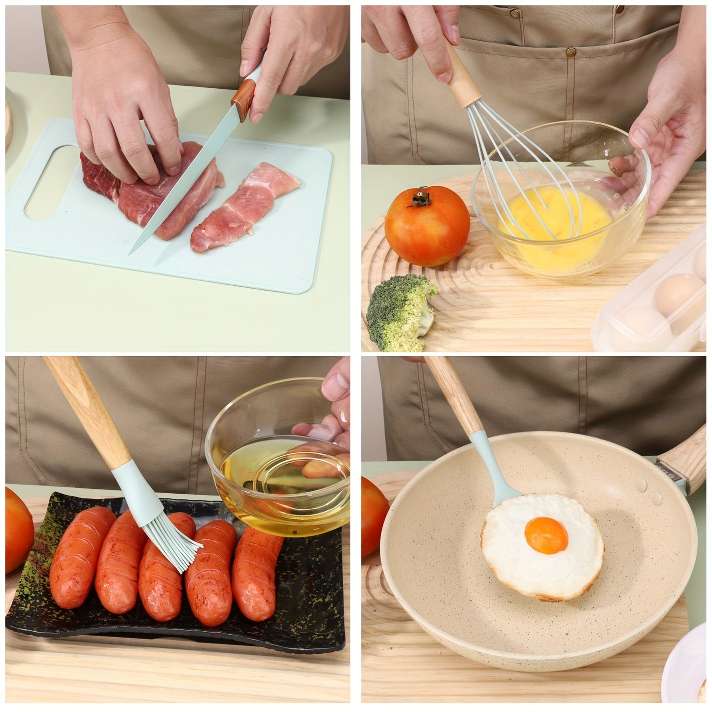 19pcs Silicone Kitchenware And Kitchen Knife Set | Heat Resistant Silicone Cutlery With Wooden Handle | Chef Knife | Non-stick Friendly Tool | Easy To Cook And Clean | Convenient To Carry | Suitable For School, Home, Outdoor Use | Christmas