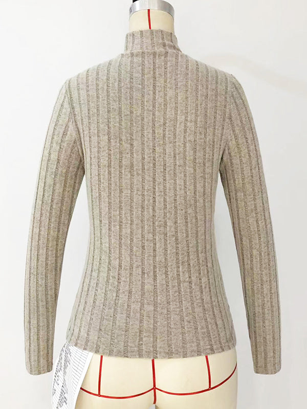 Long Sleeves Skinny Pleated Solid Color Split-Joint High Neck Sweater Tops