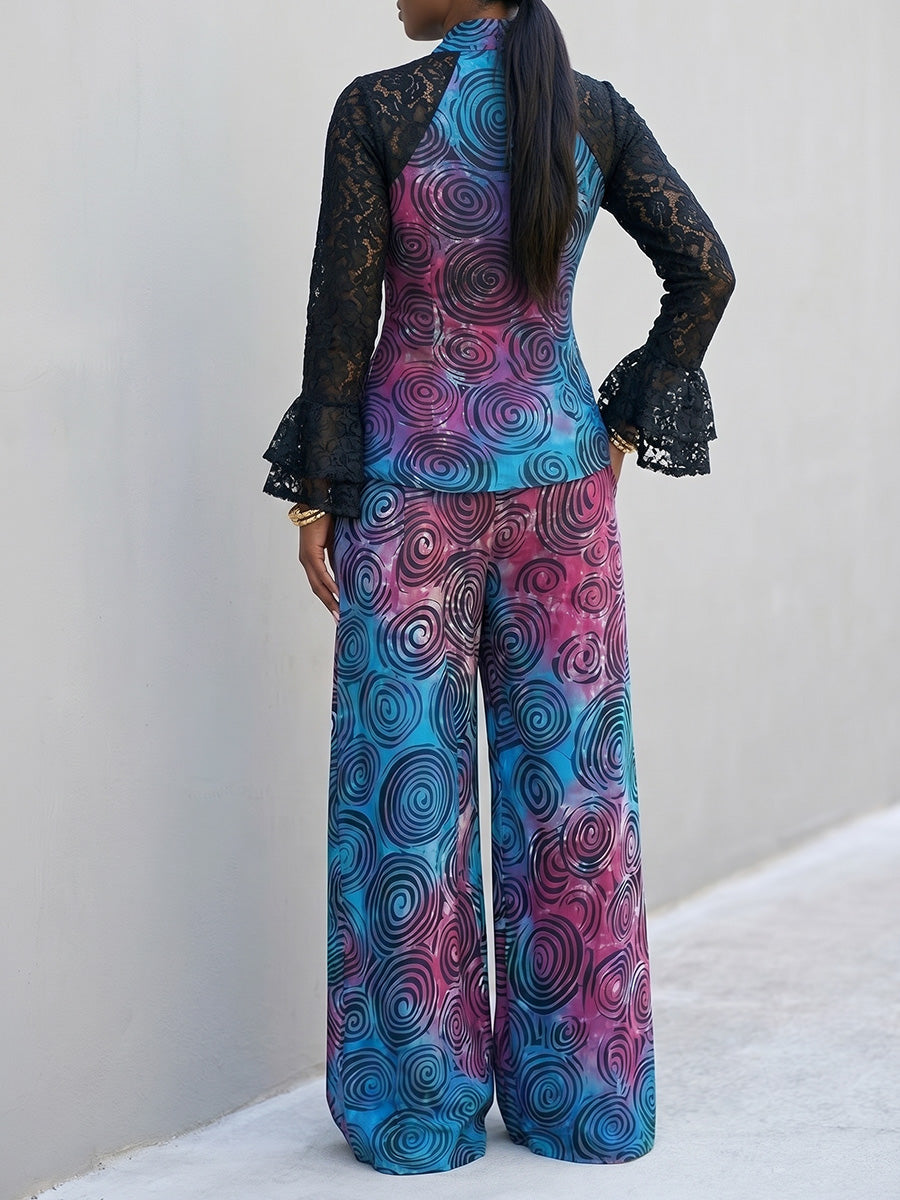 Flared Sleeves Long Sleeves Contrast Color Printed See-Through Split-Joint V-Neck Blouses&Shirts Tops