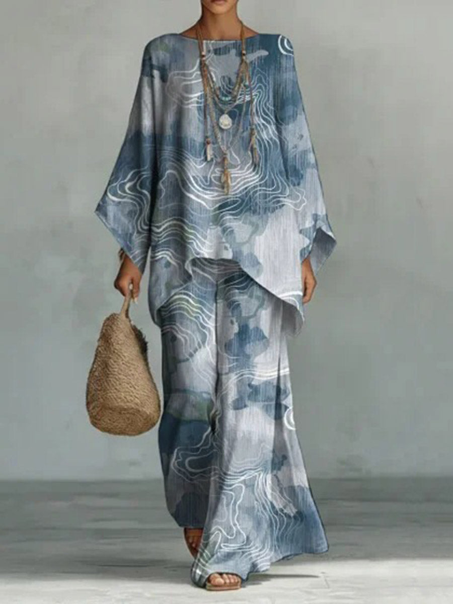 Contrast Color Printed Round-neck Long Sleeves Blouses&shirts Tops + High Waisted Pants Trousers Two Pieces Set