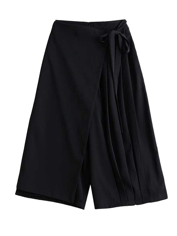 False Two High Waisted Asymmetric Elasticity Solid Color Tied Waist Culotte Ninth Pants